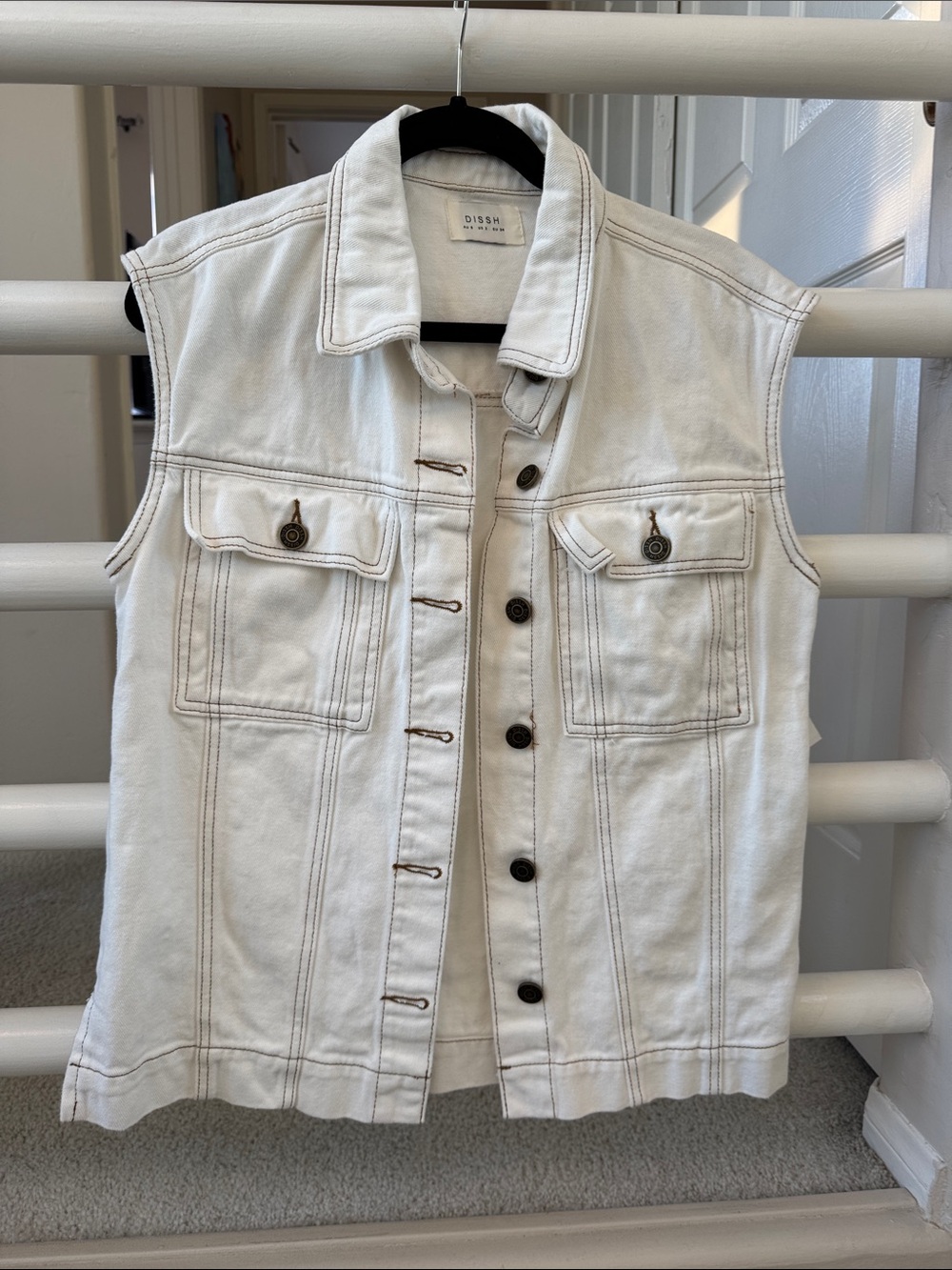 DISSH White Denim Vest with Brown Contrast Stitching